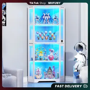 MIIFUNY Corner Display Cabinet with Glass Doors, 65" Lighted Curio Display Case with 3 Color Lights for Collectibles, 4-Tier Bookcase with Human Body Sensor for Living Room, White