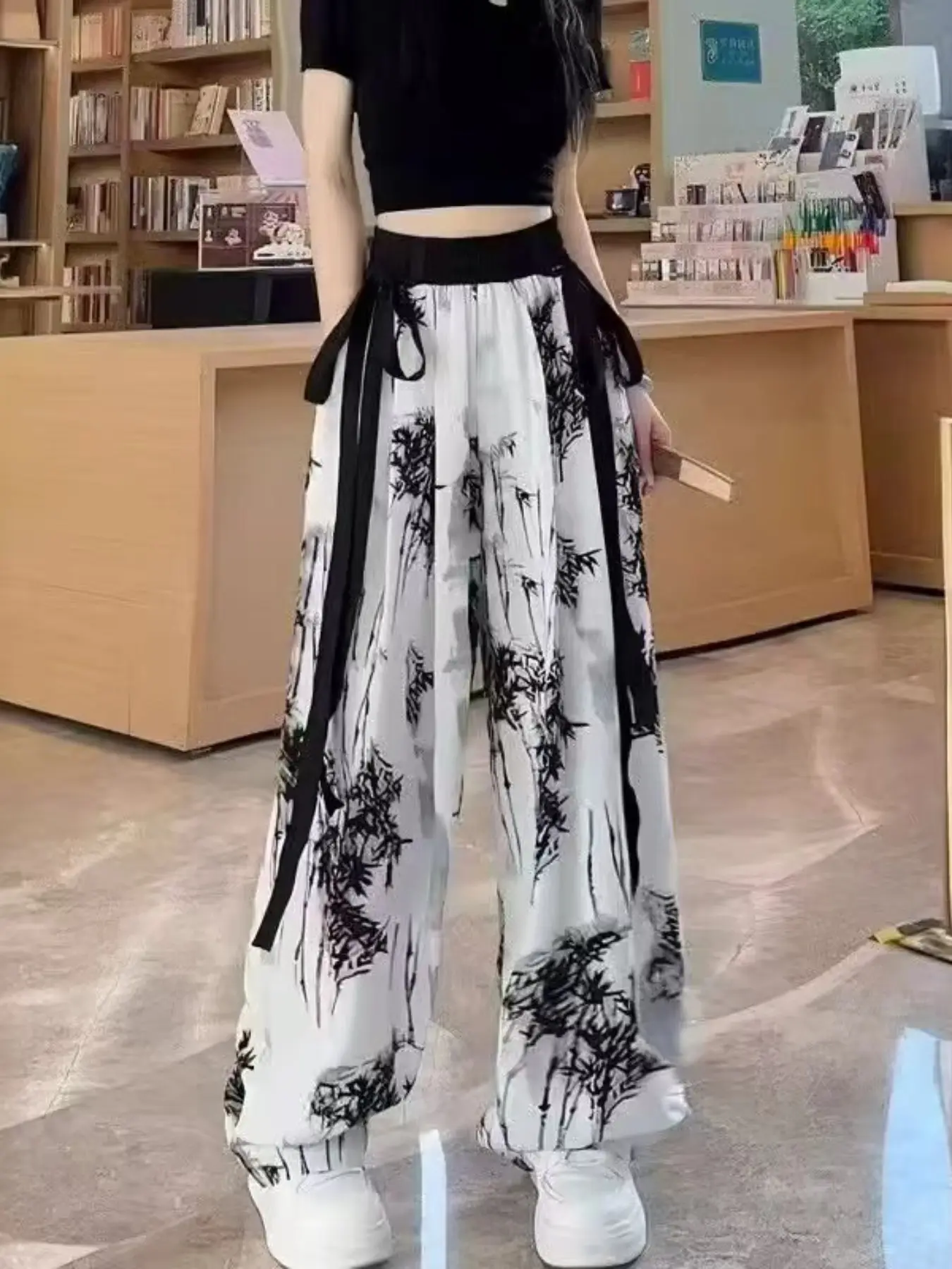 Women's Lightweight Anti-Wrinkle Bamboo Print Wide Leg Pants, Paper Bag Elastic Drawstring Waist, New Chinese Style Streetwear Long Pants