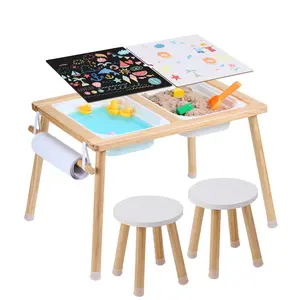Sensory Table And Chairs Set For Toddlers, Activity Table With Two Stools, Two Storage Bins, Paper Roll Holder, Indoor/Outdoor Sand And Water Play Table, Wooden Kids Sensory Table, Ideal Gift For Boys And Girls