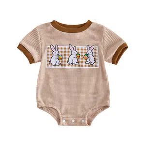 Babamoon Infant Baby Boys Girl Easter Jumpsuit Plaid Bunny Embroidery Short Sleeve Round Neck Romper Cute Easter Waffle Bodysuit 0-18 Months