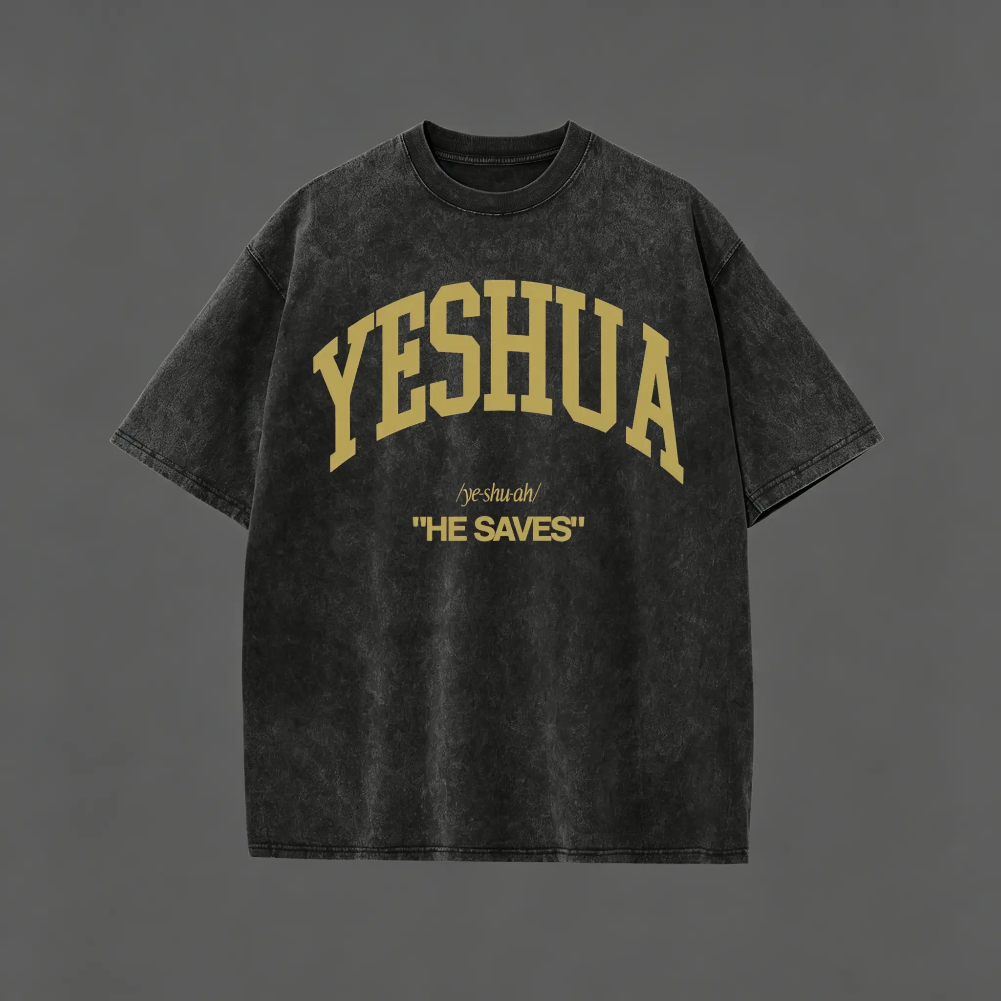 Men's Vintage Yeshua "He Saves" Christian Oversized Short-Sleeve T-Shirt, Gold Varsity Letter Washed Black Cotton Crewneck, Retro Faith-Based Casual Graphic Tee