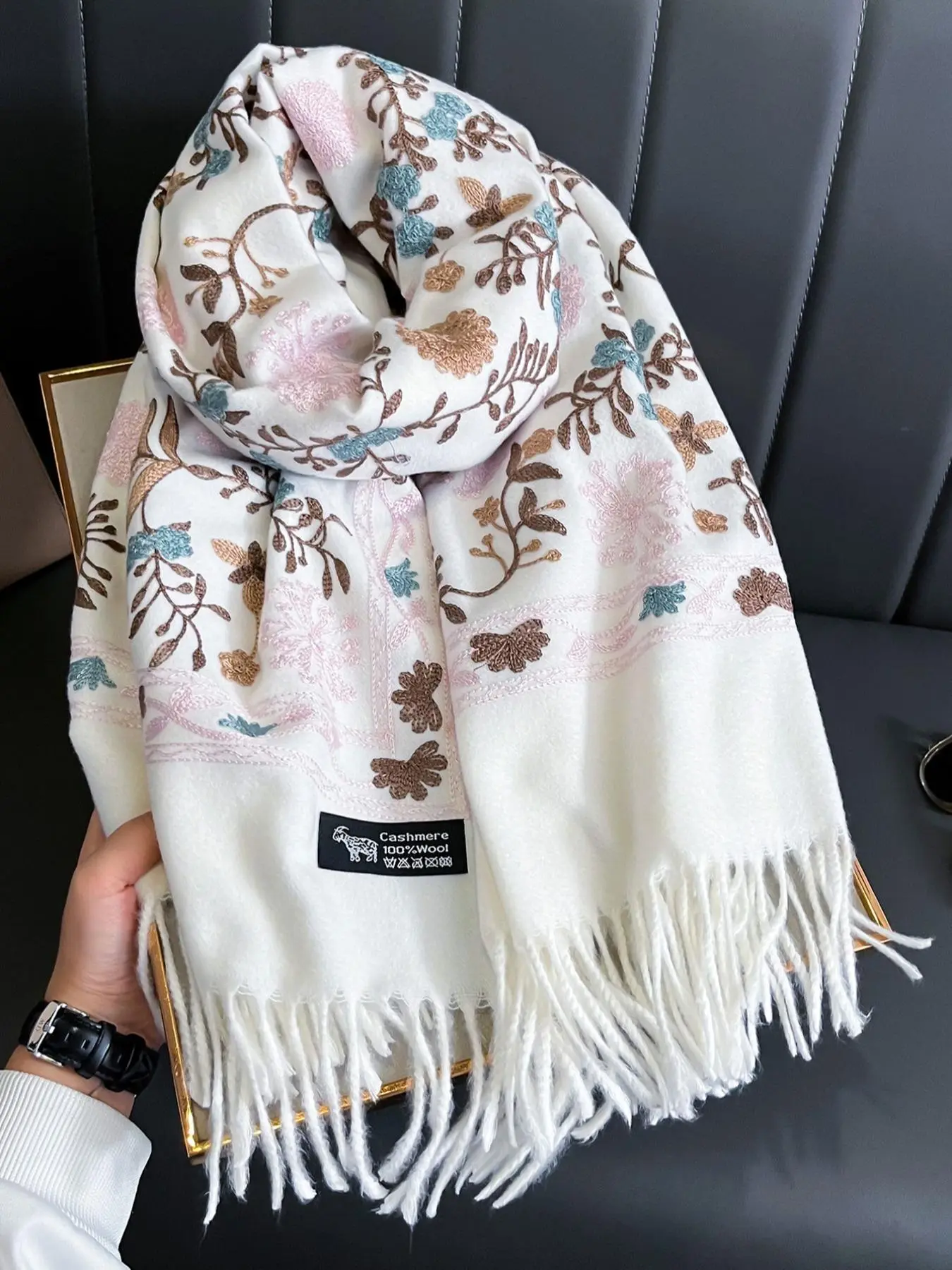 Boho Style Plants Embroidery Double Sided Cashmere Pashmina Scarf, Floral Embroidered Scarf, Gifts for Girlfriend, Casual Soft Warmth Fringe Trim Shawl for Women & Men, Hand Made, Gift for Mom, Tassel Decor Shawl