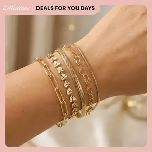 MEIITRUE Viral Stackable Bracelets Set for You She and Her 14K Gold Plated Waterproof Paperclip Flower Heart Cuban Link Dainty Mix and Match Daily Wear Non Tarnish Arm Candy Gift for Women