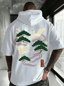 Japanese Sukajan-Style Crane & Pine Embroidery/Print Hooded T-Shirt, Men’s Streetwear Hoodie, Vintage Harajuku Kanji Print Casual Top, Ideal for Men’s Urban Daily & Hip Hop Outfits
