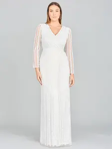 Lara Blair Long-Sleeve Beaded Surplice Sheath Gown