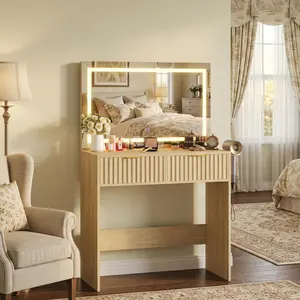 Fluted Vanity Desk with Large Mirror and Lights Makeup Vanity with 2 Drawers 3 Lighting Modes Adjustable Brightness Make Up Table for Bedroom Natural Oak