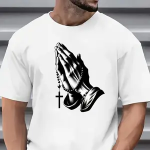 1pc Vinyl Iron-On Transfer Patch, Black Praying Hands with Rosary Design, Washable Heat Transfer Decal for DIY Fashion T-Shirts, Masks, Jeans, Backpacks - Artistic Crafting & Sewing Supplies