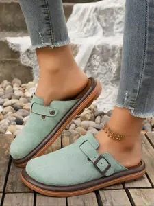 Women's Multi-Color Velvet Slip-On Shoes, Breathable Lightweight Clogs, Spring & Fall New Elegant Comfortable Large Size Single Buckle Anti-Slip Soft Sole