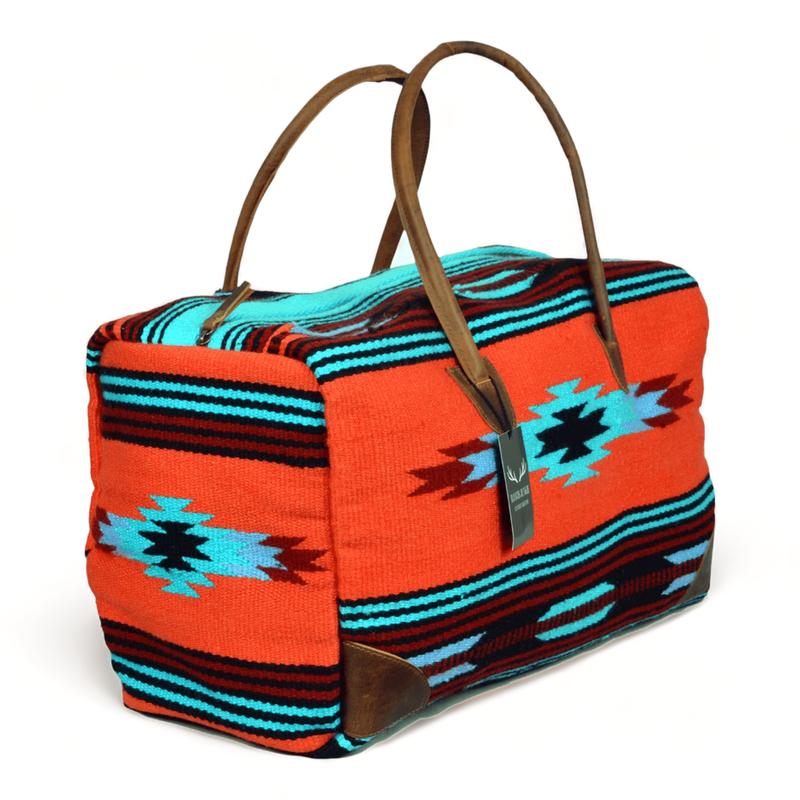 Boho Aztec Large Weekender Southwestern Duffel Bag Sedona Saddle Blanket Bag 100% Leather Handles