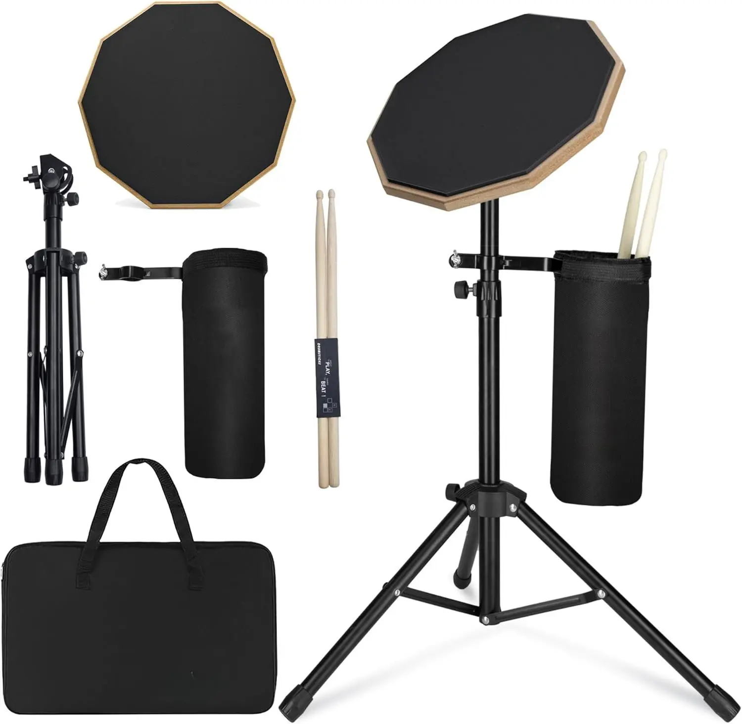 12 Inch Practice Drum Pad with Stand and Sticks, Beginner Snare Drum Pad with Drumsticks(2 pairs) and Carrying Bag, Double Sided Silent Drum Pad (Black)