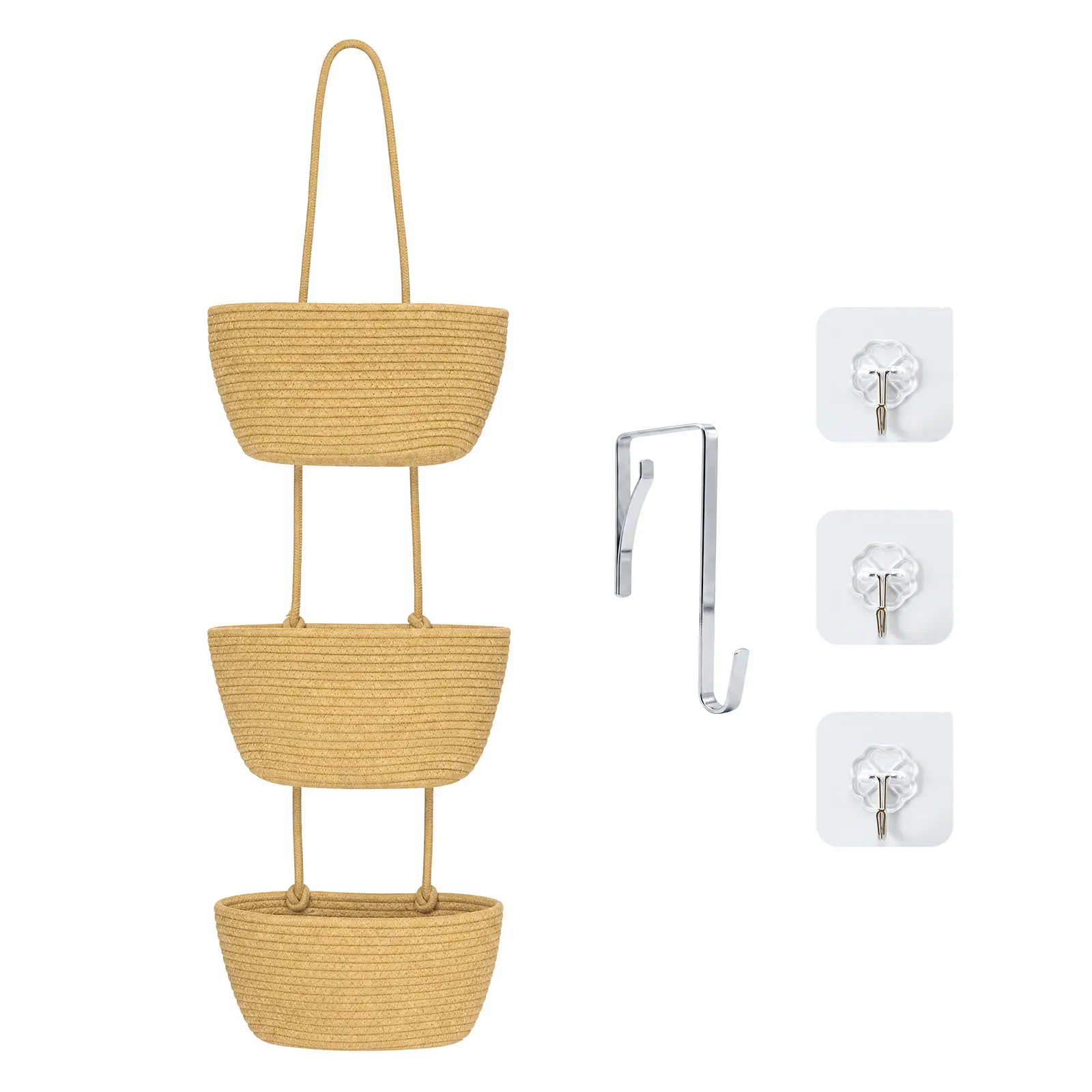 Over The Door 3-Tier Large Capacity Hanging Storage Basket, Woven Cotton Rope Wall Organizer, Foldable Adjustable Hanging Basket for Nursery Bedroom Home Decor, Jute Tone