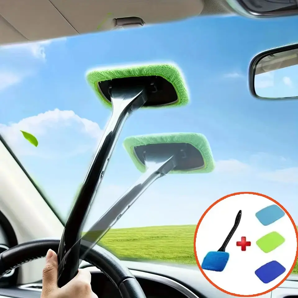 Car Window Cleaning Brush with Long Handle - Car Care Products, Windshield Cleaner Tool, Interior Wiper with Microfiber Pad