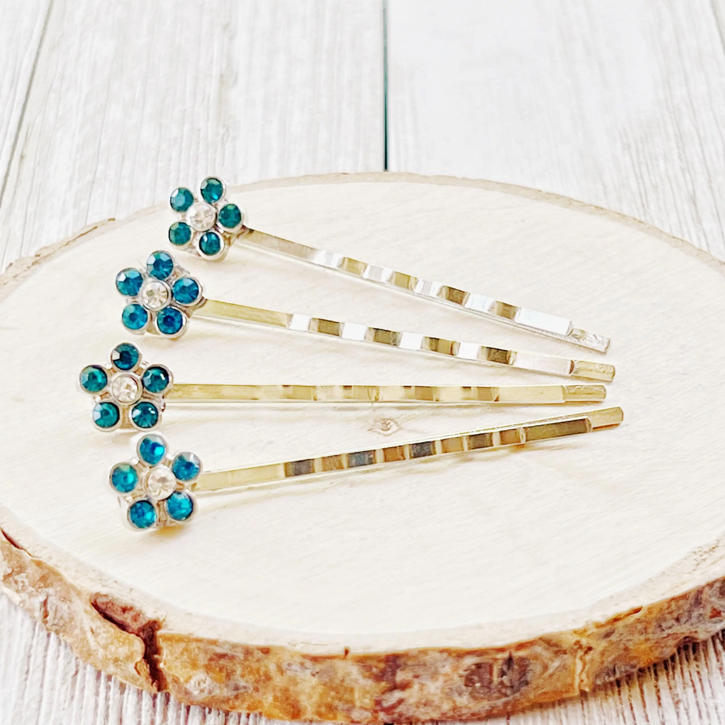 Blue Rhinestone Flower Hair Pins Set of 4 – Silver Bobby Pins