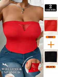 2PCS Soft & Stretchy Ribbed Knit Plus Size Tube Top Breathable Mesh Detail Strapless Crop Top High Elasticity Bandeau for Yoga & Daily Wear