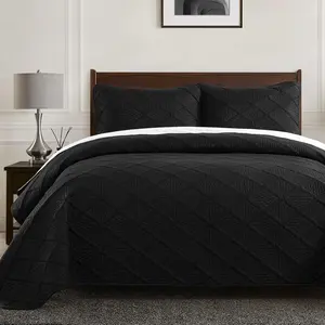 Queen Size Bedding Set Black Bedspreads Embossed Pattern Soft Microfiber Coverlet Bedding Set for All Season with 2 Pillow Shams (Full Queen, 96x90 Inch)