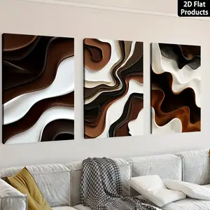 2D Flat Products 3-Piece Canvas Artwork Brown White & Black Wave Texture Minimalist Wall Decor Easy Hang with Hardware UV-Resistant for Living Room