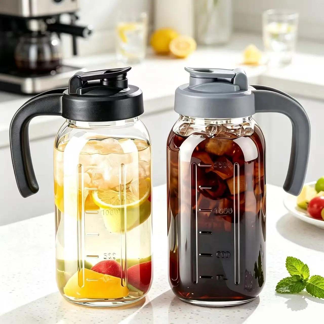3pcs/2pcs 64oz thick Mason glass jar, transparent glass bottle with handle perfect for smoothies, drinks, and beverages, comes with cleaning brush