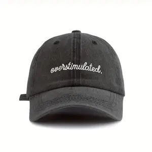 Funny "Overstimulated" Embroidered Dad Hat, Washed Cotton Unstructured Baseball Cap for Men Women, Retro Distressed Casual Sun Visor for Bad Hair Days, Relatable Introvert Mom Gift