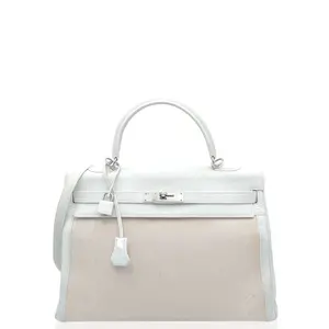 Pre-owned Hermes leather Shoulder Bags Kelly 35 Toile 01 White (0507b1)