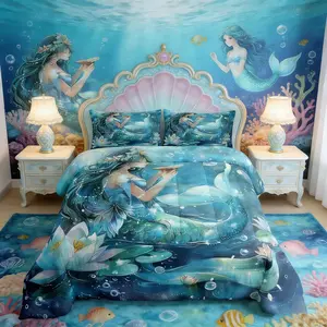 Blue Mermaid Kids Comforter Set,Lotus Flower Girl Bedding Set for Princess Women Bedroom Decor,Caroon Mermaid Down Comforter,Soft Polyester Quilt Set