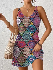 Women's Vintage Bohemian Boho Ethnic Polka Dot Sleeveless Dress, Casual Beach Vacation Style, Slim Fit Hollow Knit Waistcoat, Spring Summer Fall Fashion, Boho Sundresses