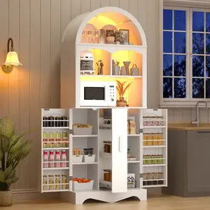 75" Arched Pantry Cabinet with LED Light & Microwave Shelf | Tall Kitchen Storage Cabinet with Drawer & Adjustable Shelves | Freestanding Cupboard for Kitchen, Living Room & Dining Room