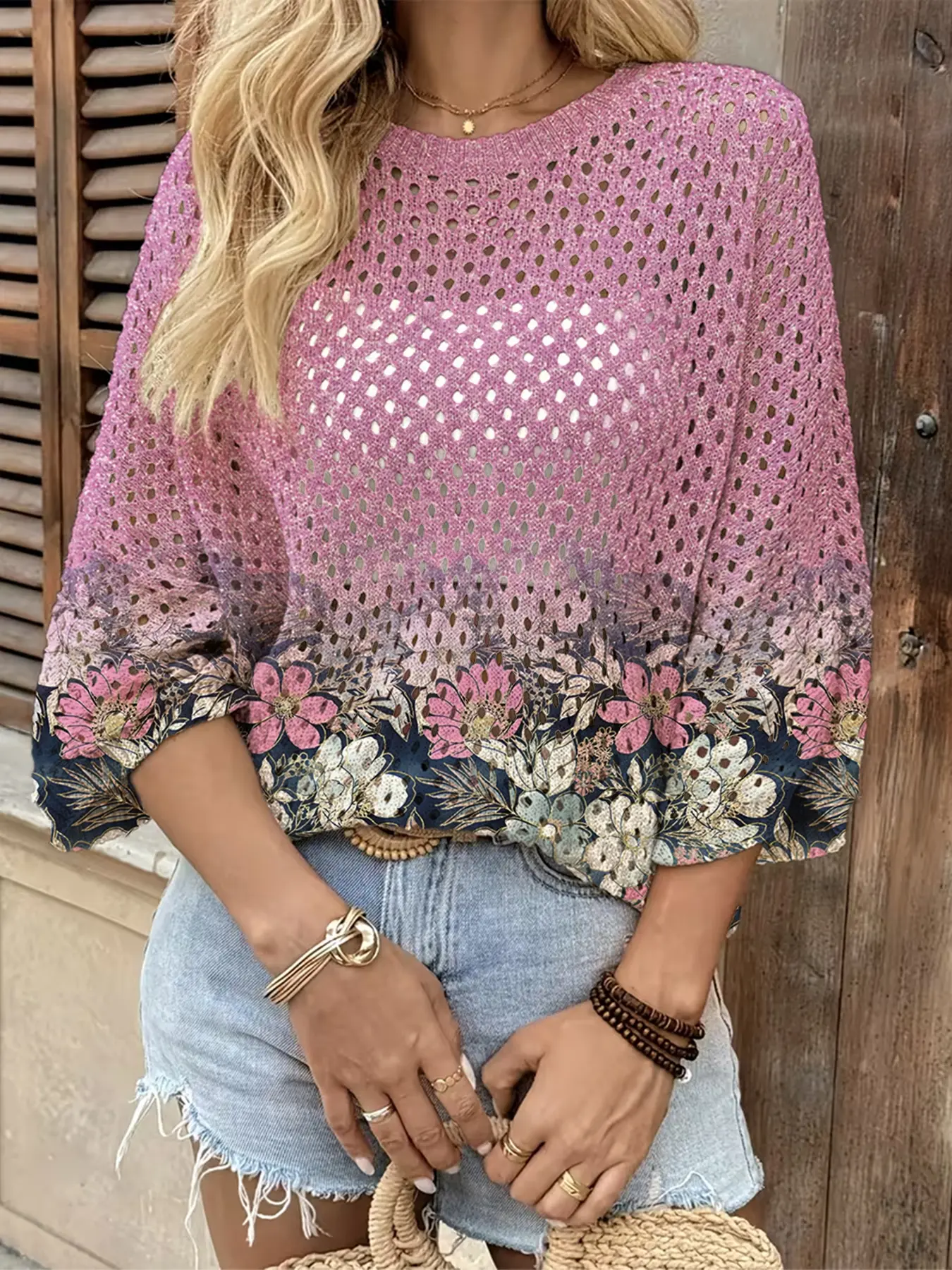 Spring Summer Women's Hollow Out Batwing Sleeve Knit Top, Colorblock Floral Print, Casual Elegant Commuter Wear, Boho Beachwear Cover Up