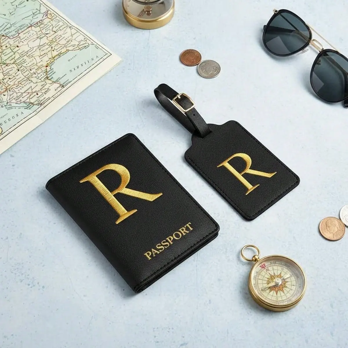 Women's 2-Piece Leather Luggage & Passport Tag Set - Personalized Embroidered Monogram Tags with Privacy Name Card, Travel Gift for Teens (A-Z)