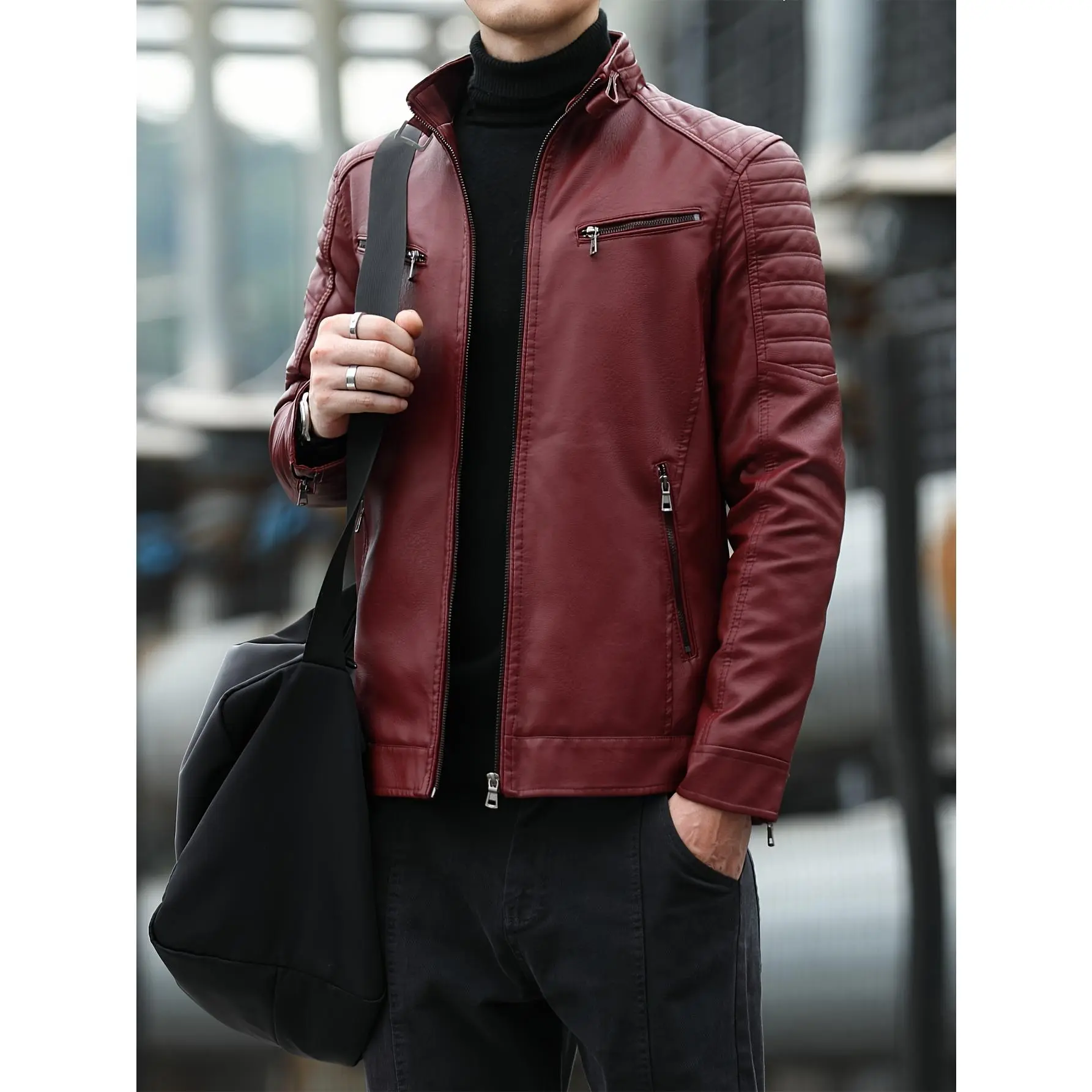 [Everyday Comfort] Men's Stylish Black 65% Polyurethane Fabric PU Leather Coat - Casual Zip-Up Jacket with Multiple Pockets, Glossy Finish, Polyester Blend, Ideal for Casual Attire & Outdoor Activities