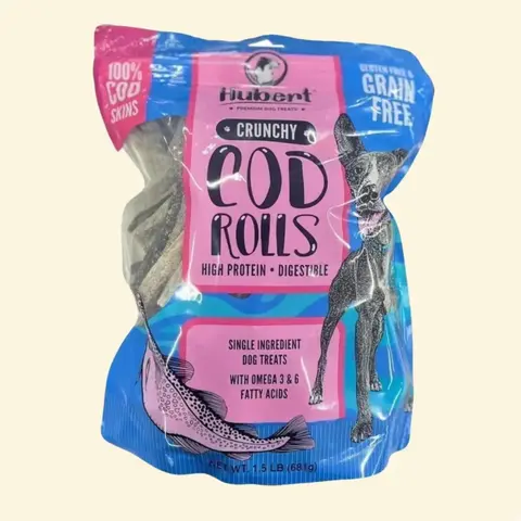 HUBERT PREMIUM Dog Treats - Wild-Caught Cod Skin Rolls & Squares, All-Natural, Gluten-Free, Single-Ingredient, High-Protein Puppy Snacks (8 oz, 12 Months+), Dental Treat for Bone Health, Shiny Coat, Eye Care, Breath Care, Behavior Support, All Ages Dogs