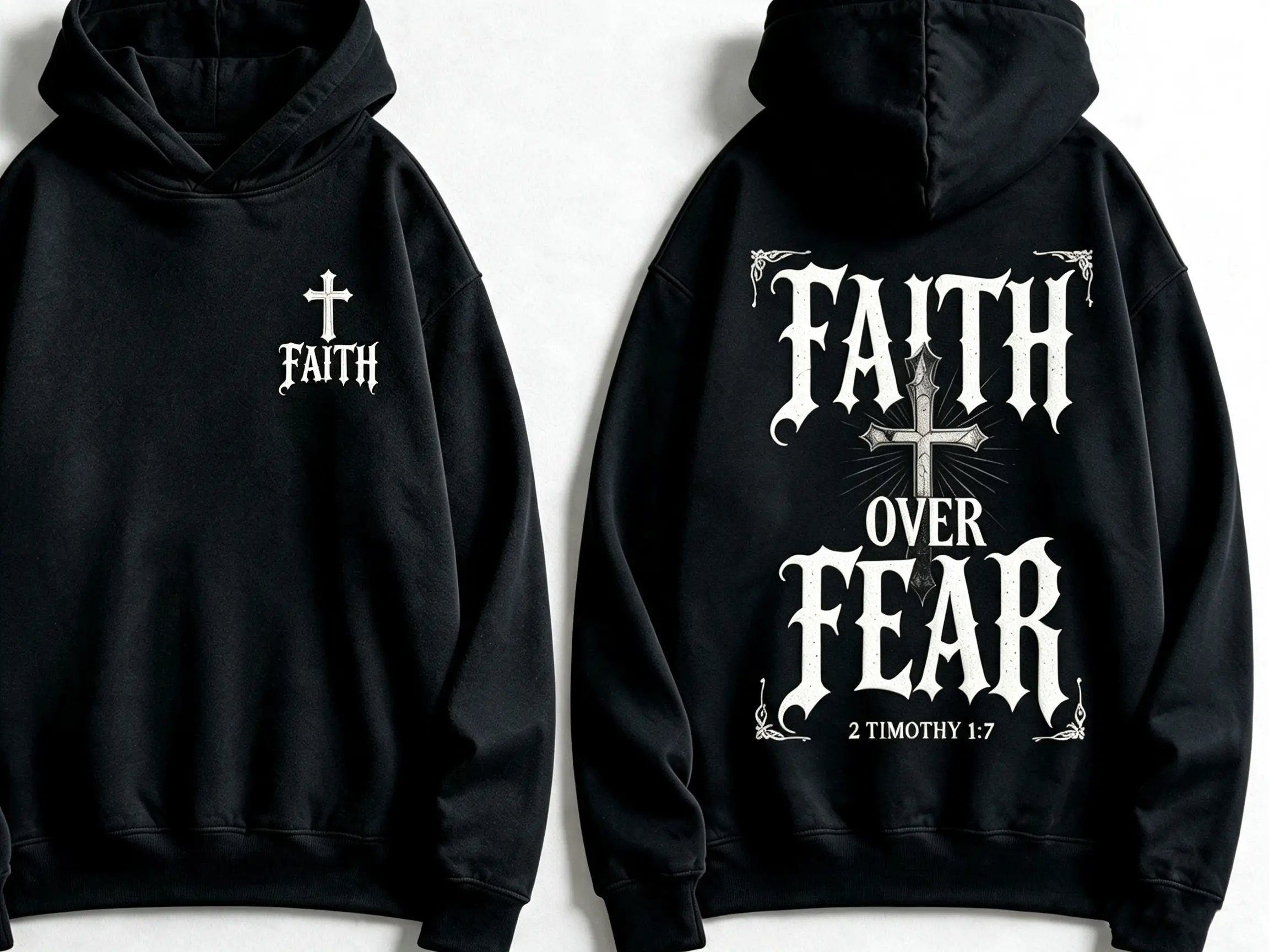 Men’s “Faith Over Fear” cross graphic hoodie, oversized pullover hooded sweatshirt, unisex streetwear hoodie for couples, vintage gothic letter print hoodie, aesthetic back print hoodie, fall casual long-sleeve top, back-to-school outfits