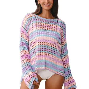 Women's Crochet Beach Cover Up Open Knit Striped Long Sleeve Sweater Oversized Boho Bikini Swimsuit Coverups