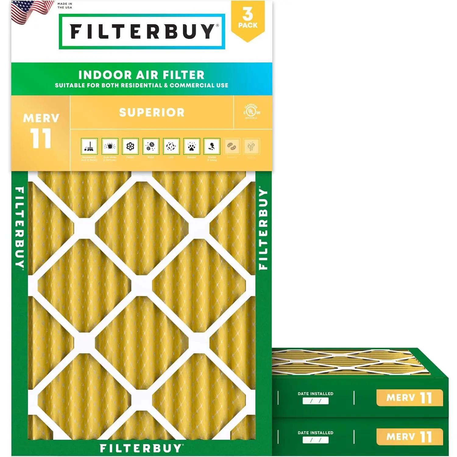 Filterbuy Rectangular Replacement Air Filter (3-Pack, 13x24x2 in Actual Size), Pleated MERV 11 Rating Allergen Trap HVAC AC Furnace Aircon Accessories