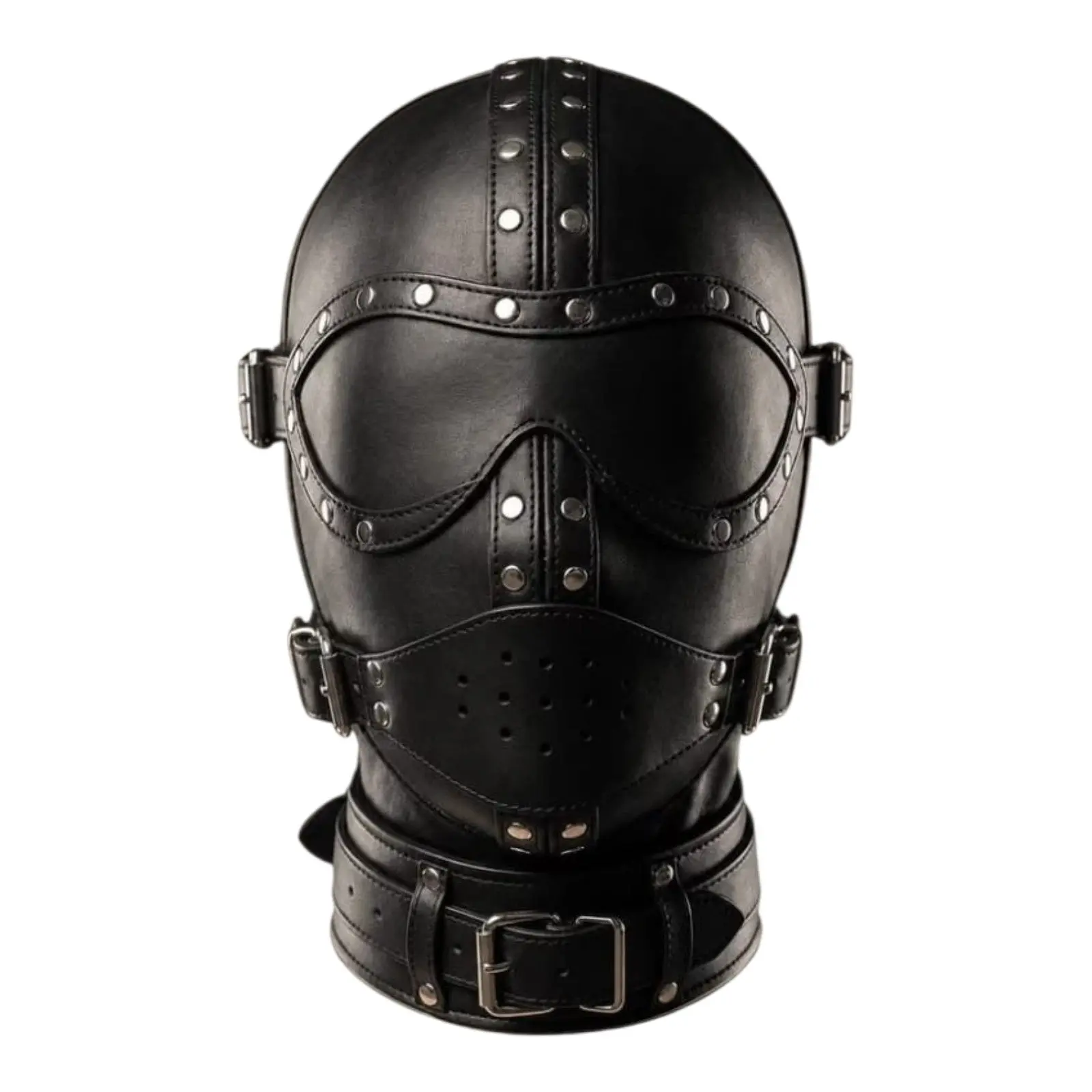 Premium Black Leather Hood Mask with Removable Eye Shield & Adjustable Face Cover