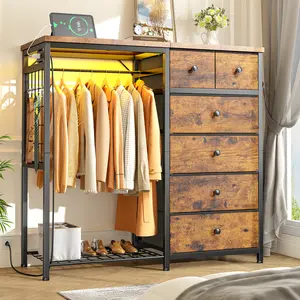 [4-in-1 Design】Raybee Heavy Duty Clothes Rack with 6 Drawers, Left/Right Reversible Design, Fabric Storage Tower with LED Lights & Charging Station, Wardrobe Closet Organizer,Wooden Top & Grid Panel with 4 Hooks, Space-Saving for Bedroom Hallway Closet