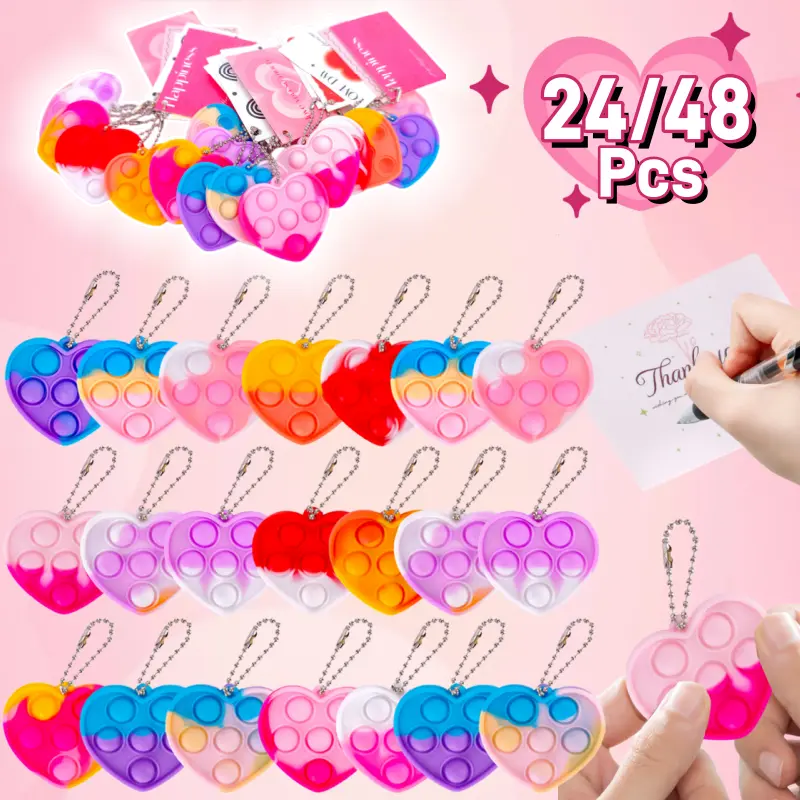 Valentines Pop Heart Keychain 24 Pack Valentine's Day Gifts for Kids Pop Fidget Toys Bulk Party Favors Classroom Prizes Birthday Goodie Bag Squishy Animal Set