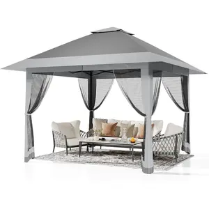 13x13FT Pop Up Gazebo, Outdoor Canopy Tent with Mosquito Netting, Pop Up Canopy with Double Roof Design & Adjustable Height, UV-Resistant Patio Gazebo Sunshade for Graden/Backyard/Lawn/Beach (Gray)