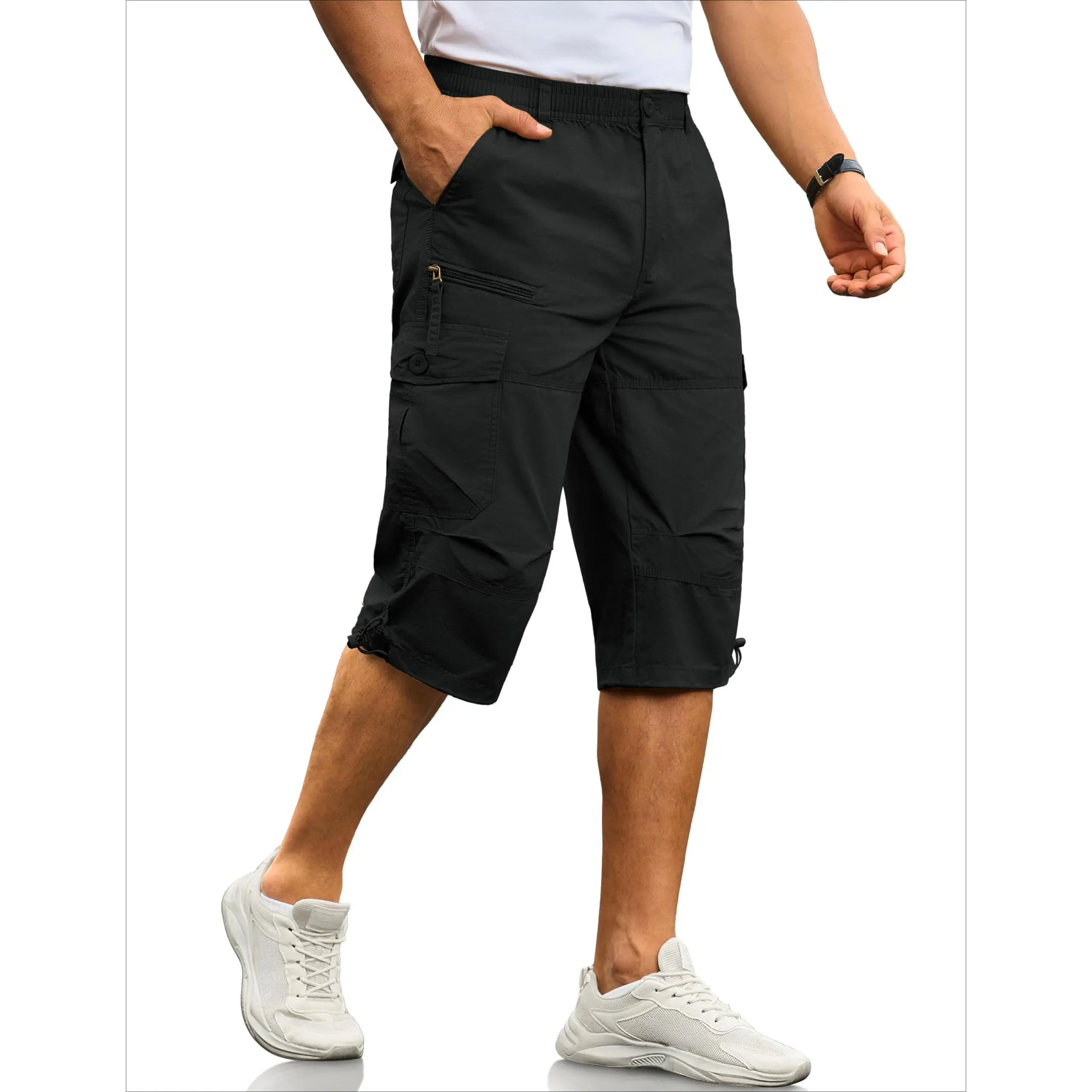 Men's Cargo Shorts Casual Twill Elastic 3/4 Capri Pants Below Knee Long Shorts with 7 Pockets