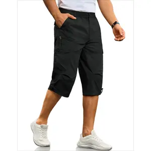Men's Cargo Shorts Casual Twill Elastic 3/4 Capri Pants Below Knee Long Shorts with 7 Pockets