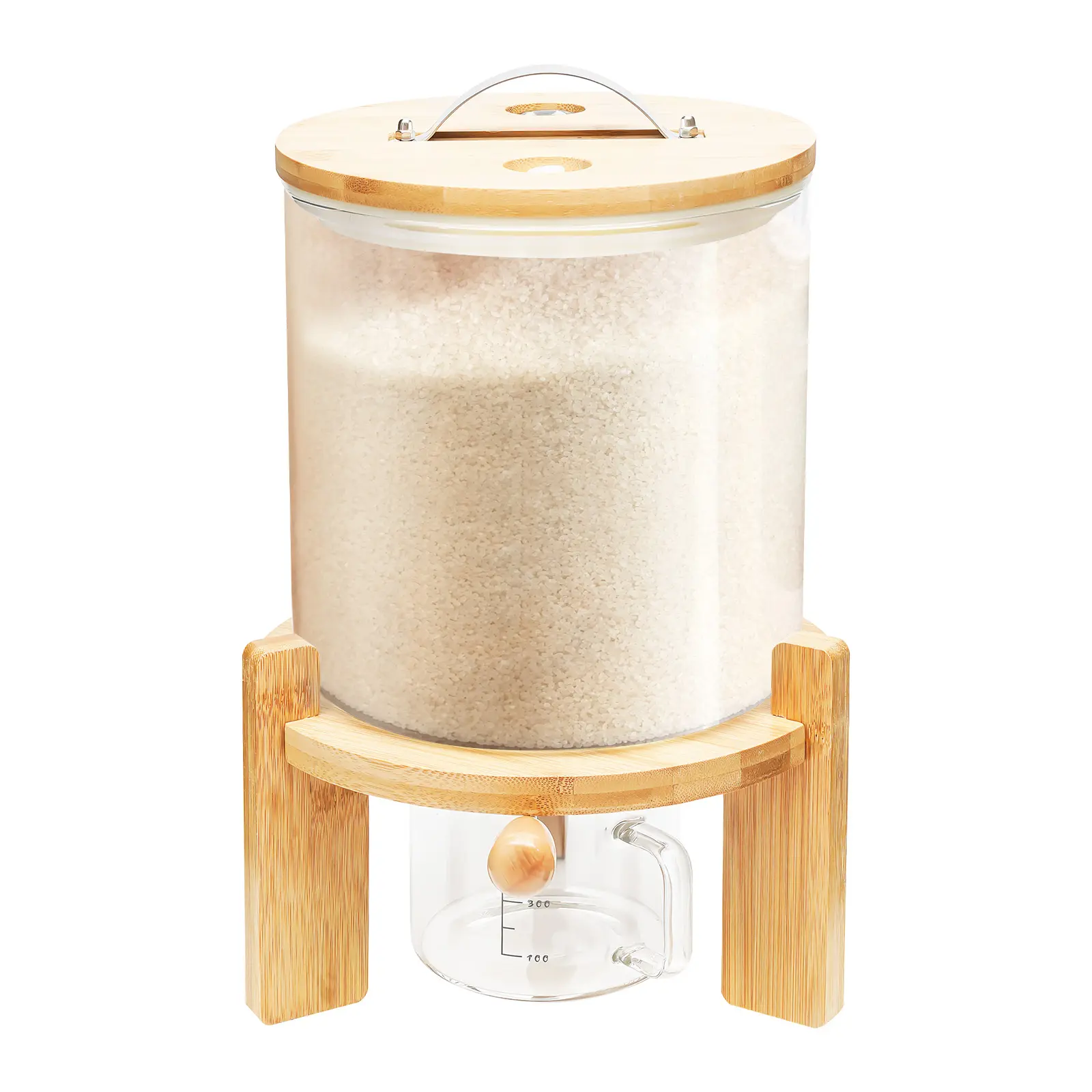 5L Glass & Bamboo Airtight Dry Food Storage Container with Bamboo Lid, Stand & Measuring Cup - Airtight Meal Prep Dispenser Pours Neatly (Round Shape) for Kitchen Counter Rice Flour Nuts
