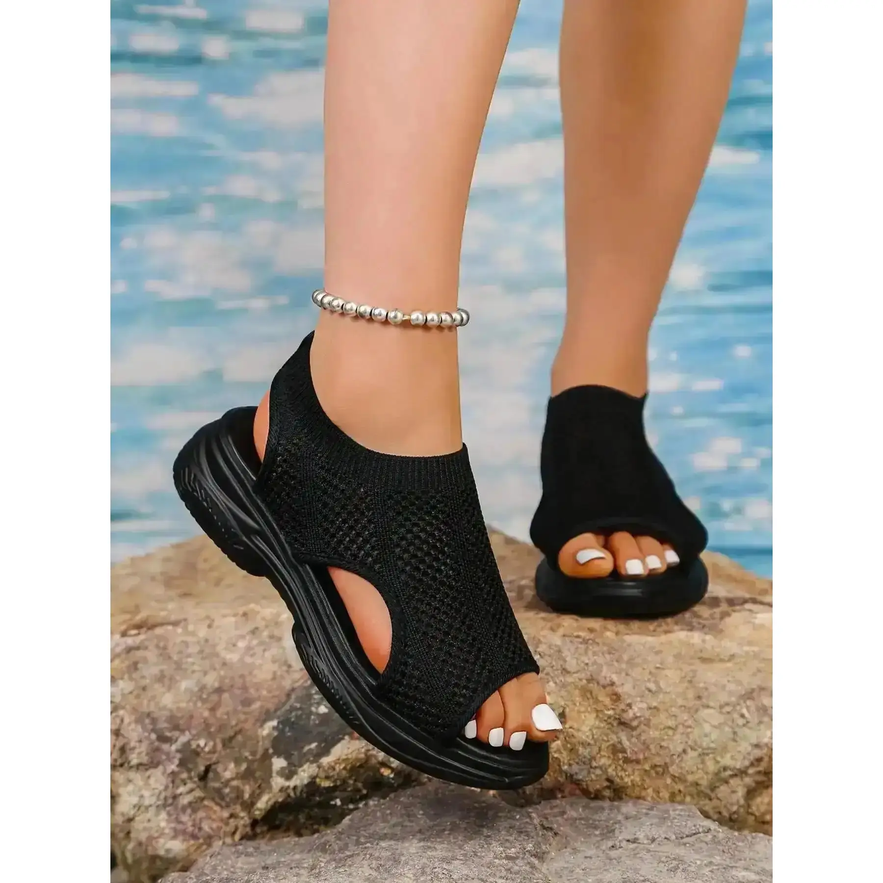 Women's Hollow Out Lightweight Breathable Sandals Comfortable Elastic Fit Fashionable Casual Sports Shoes Non-Sweaty Trendy Design Feminine Ladies Women Fashion Durable Smooth Classic Chic Cute Modern Everyday Style"