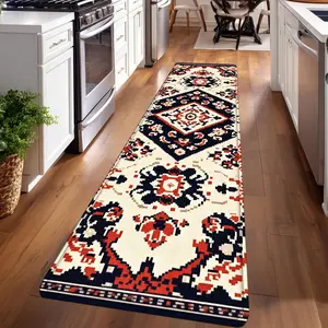 1PC， Red, White and Black Geometric Pattern strip rugs, home décor, bathroom mats, entryway mats, bathroom non-slip mats, indoor entrance rugs, bedroom bedside mats, kitchen mats, hallway rugs, flannel sponge rugs, hallway runner rugs