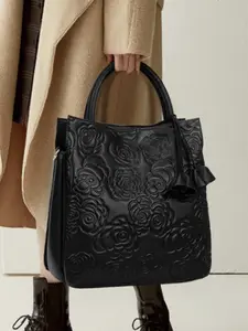 Women's Elegant Floral Embossed Cowhide Handbag with Flower Charm, Large Capacity Tote Bag with Shoulder Strap, Casual Trendy Versatile High-quality Daily Commuting Bag, Fashionable Patterned Bag, Casual Commuter Bag
