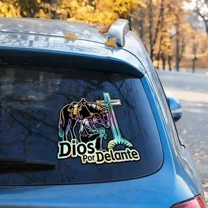 Holographic Christian Car Decal - Kneeling Cowboy & Horse with "Dios Por Delante" - 9.84 Inch Vinyl Sticker for Truck, Car Window, Bumper - Includes Bonus Metal Cross Emblem, Religious Faith Gift