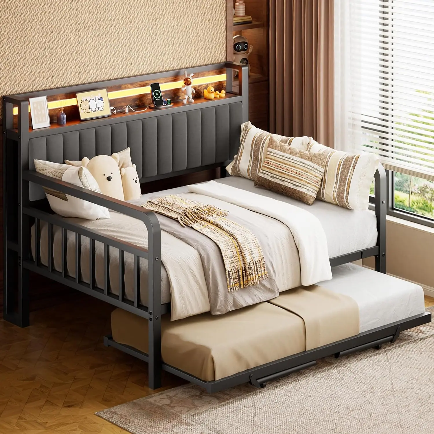 Jocoevol Daybed with Trundle and LED Light, Heavy Duty Metal Full Bed Frame with Upholstered Storage Headboard & Charging Station, Day Bed Pop Up Trundle Bed for Living Room,Bedroom and Guest Room, Brown