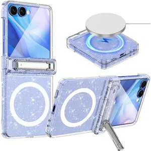 SQ-PCS024 for Galaxy Z Flip 7 Case, [Compatible with MagSafe][Built-in Screen Protector][Kickstand][Hinge Protection], Hard PC Slim Fit Shockproof Protective Case for Samsung Galaxy Z Flip 7, Clear