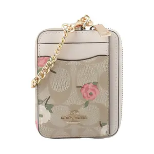 COACH Floral Print Coated Canvas and Smooth Leather Zip Card Case for Women in Gold and Light Khaki