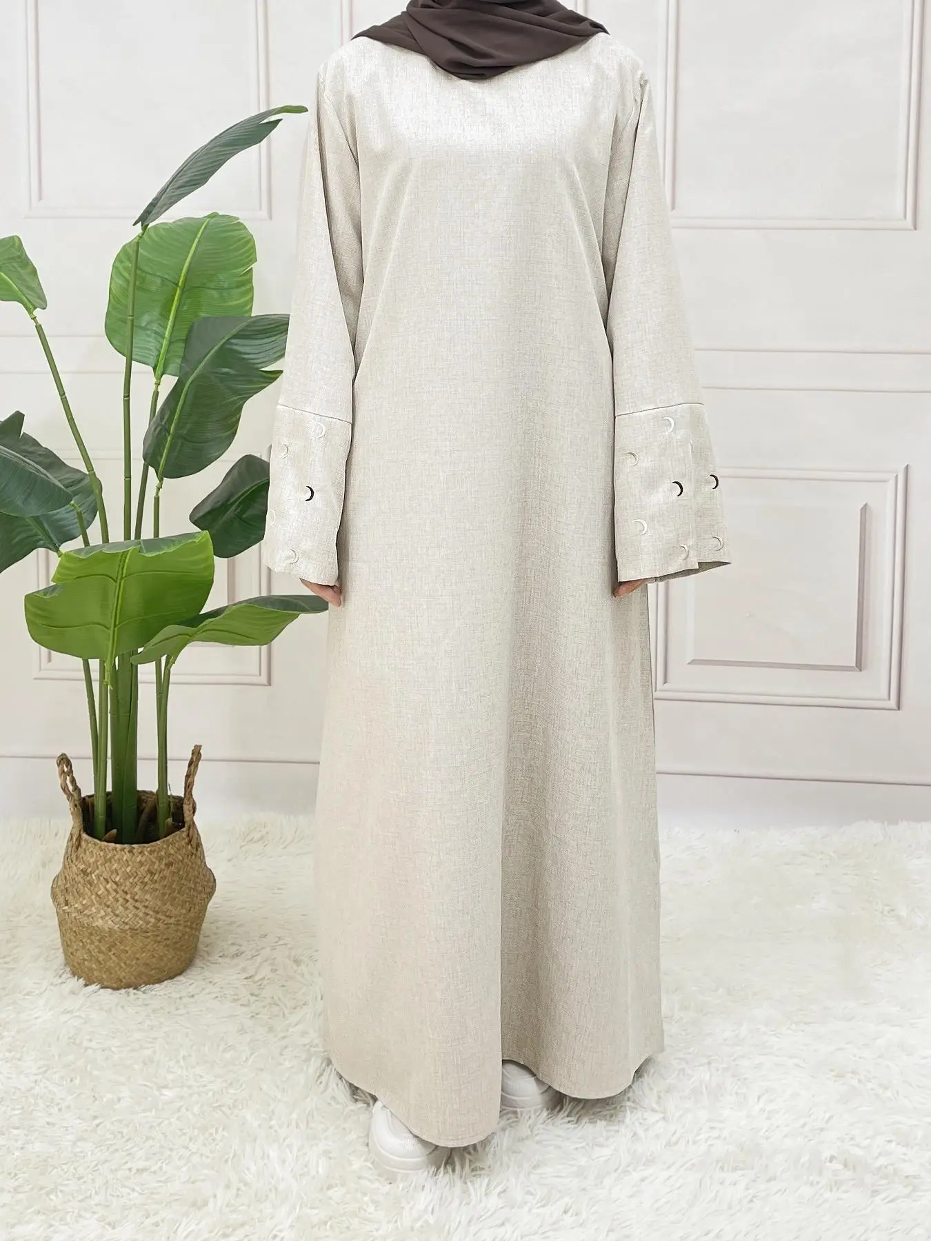 Arabic Clothing-moon Embroidering Belted Flounce Sleeve Arabian Dress, Modest Long Sleeve Round Neck Abaya for Women, Women's Islamic Clothing for All