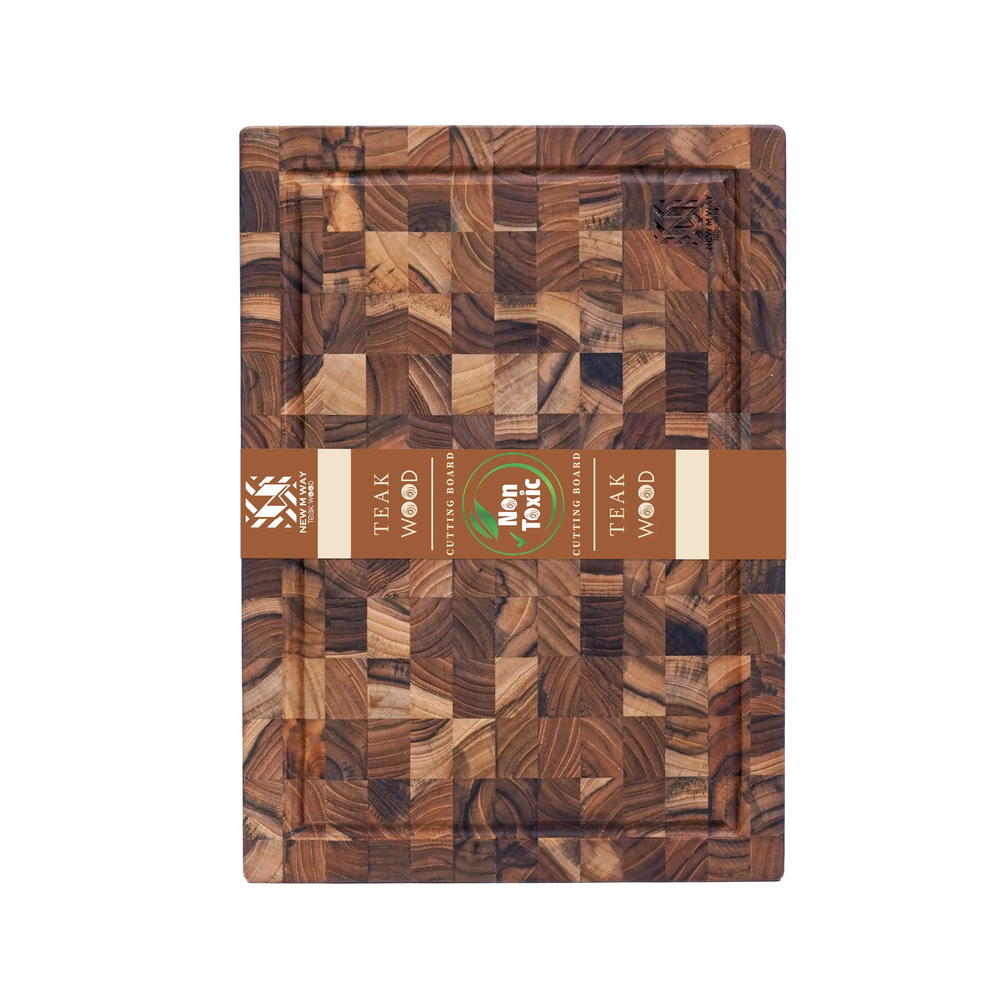 End Grain Teak Cutting Board 14" x 10" x 1.5" Thick Butcher Block for Meat Steak & Kitchen Prep with Juice Groove Handle, Knife-Friendly Solid Hardwood, Non Toxic by New M Way