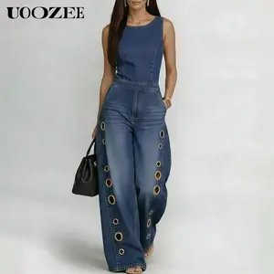 UOOZEE Women's 20226 Summer New Sleeveless Denim Jumpsuit, Casual Wide Leg Jean Jumpsuit with Pockets, Eyelet Detail Back Zipper One Piece Outfit for Women(One Sizing Up for C-cup and Above)